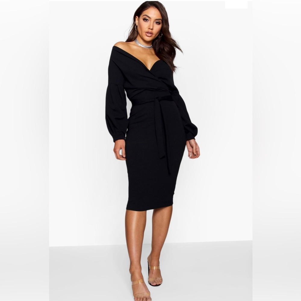 Boohoo off the shoulder black dress.